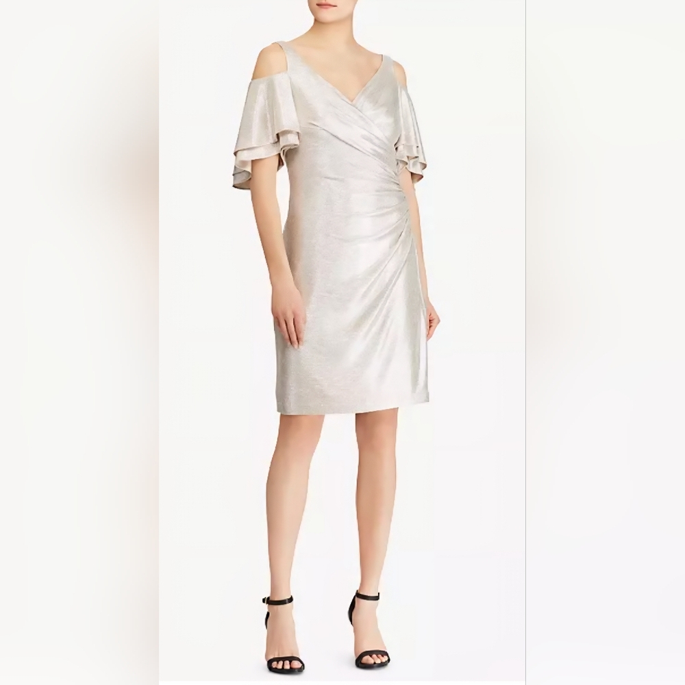 Women's Lauren Ralph Lauren Champagne Silver Metallic Cold-Shoulder Dress Sz 14